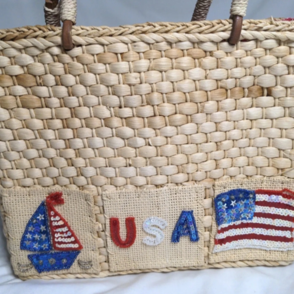 USA  Women  cornhusk Handbag Straw Woven Shoulder Summer Bag Miilitary Mom